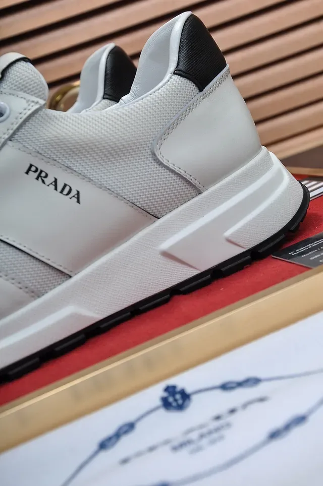 Prada White Black Leather-Mesh Hybrid Upper Accent Heel Tab Lifestyle Sneakers 2