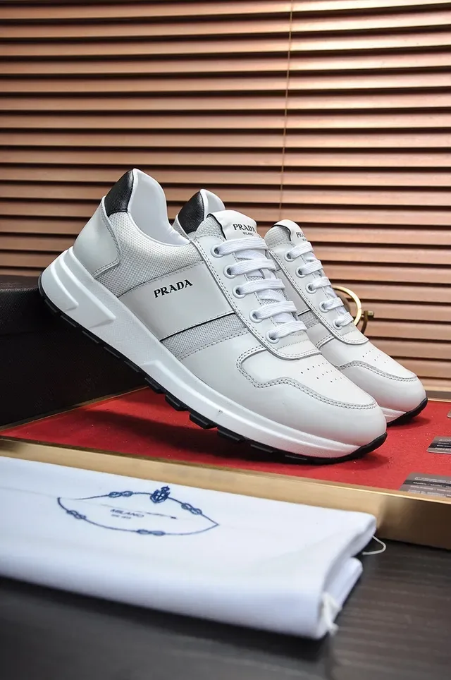Prada White Black Leather-Mesh Hybrid Upper Accent Heel Tab Lifestyle Sneakers 8