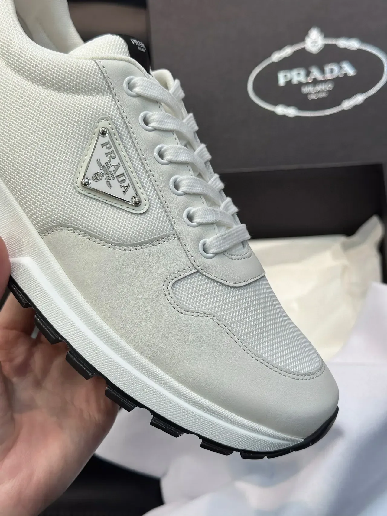 Prada White Mixed-Material Low-Top Lifestyle Sneakers 6