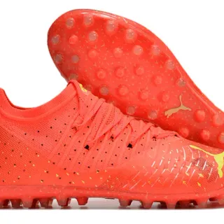 Puma Future Z नारंगी पीला बुनाई मोजा फिट अपर एकीकृत लेसिंग केज फर्म ग्राउंड फुटबॉल जूते