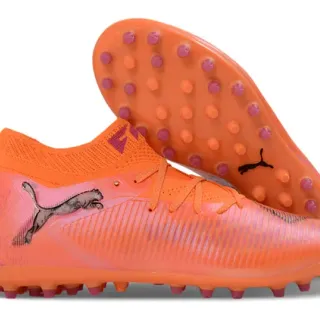 Puma Orange Pink High-Cut Knit Collar Ribbed Synthetic Forefoot Overlay Artificial-Grass Soccer Shoes