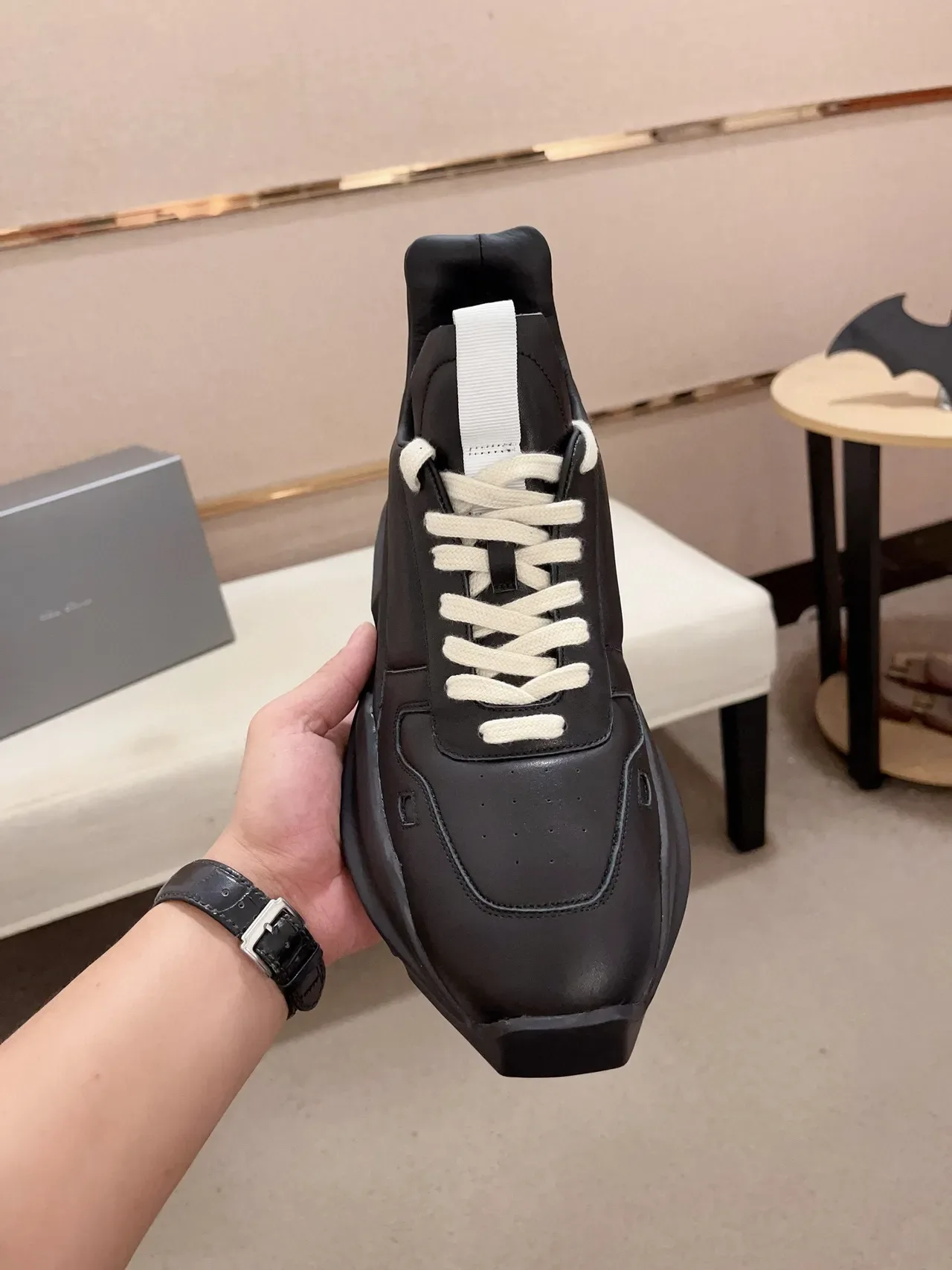 Rick Owens Black White Solado Escultórico Couro Minimalista Tênis Chunky 2