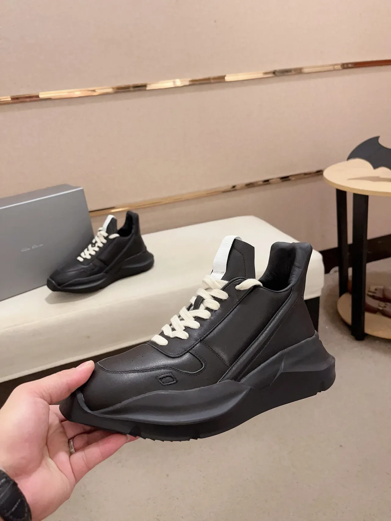 Rick Owens Black White Solado Escultórico Couro Minimalista Tênis Chunky 3