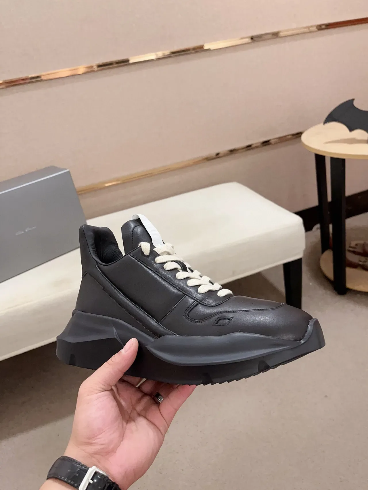 Rick Owens Black White Solado Escultórico Couro Minimalista Tênis Chunky 4