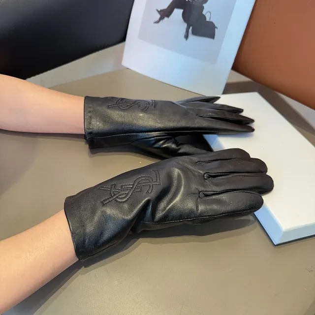 Saint Laurent Guantes de Cuero Negro con Monograma Embossado de Cuero Suave 2