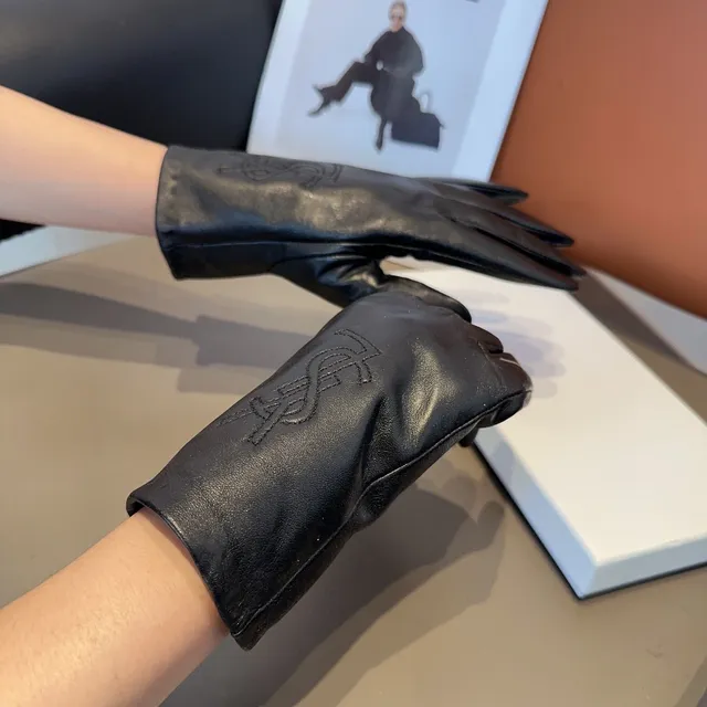 Saint Laurent Guantes de Cuero Negro con Monograma Embossado de Cuero Suave 3