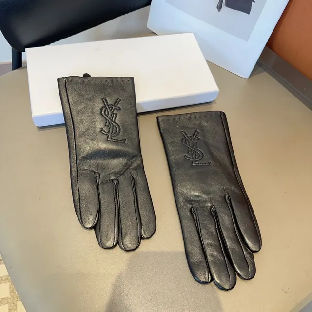 Saint Laurent Guantes de Cuero Negro con Monograma Embossado de Cuero Suave 5