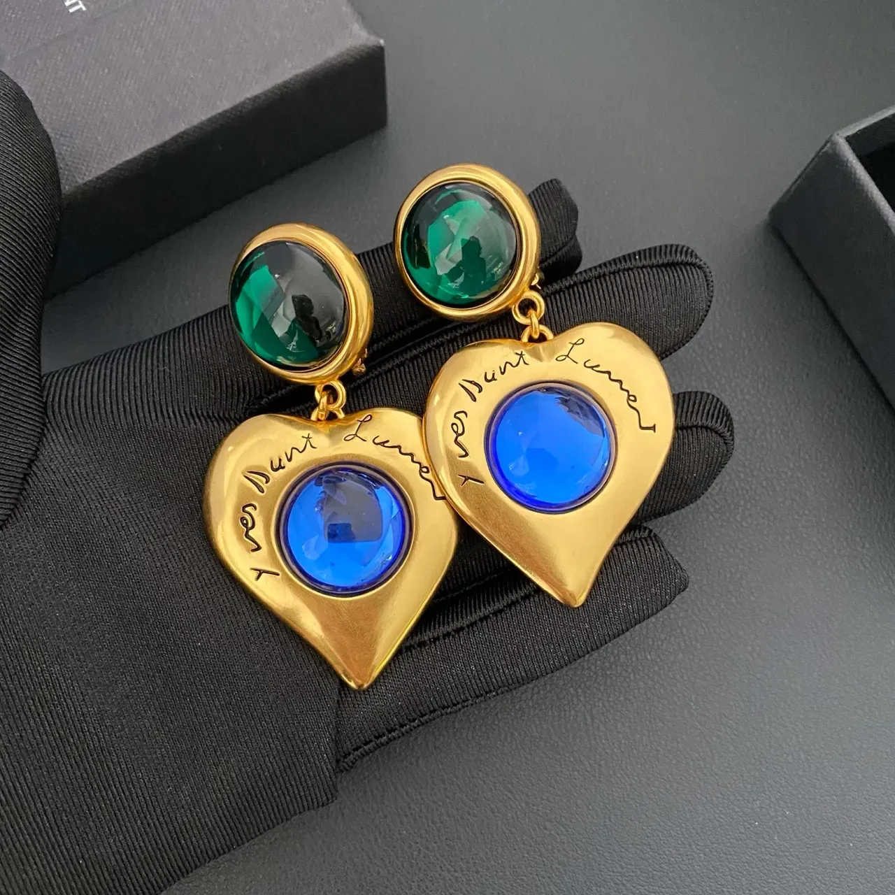 Saint Laurent Cœur Aretes Forma Corazón Oro Azul Metal 5
