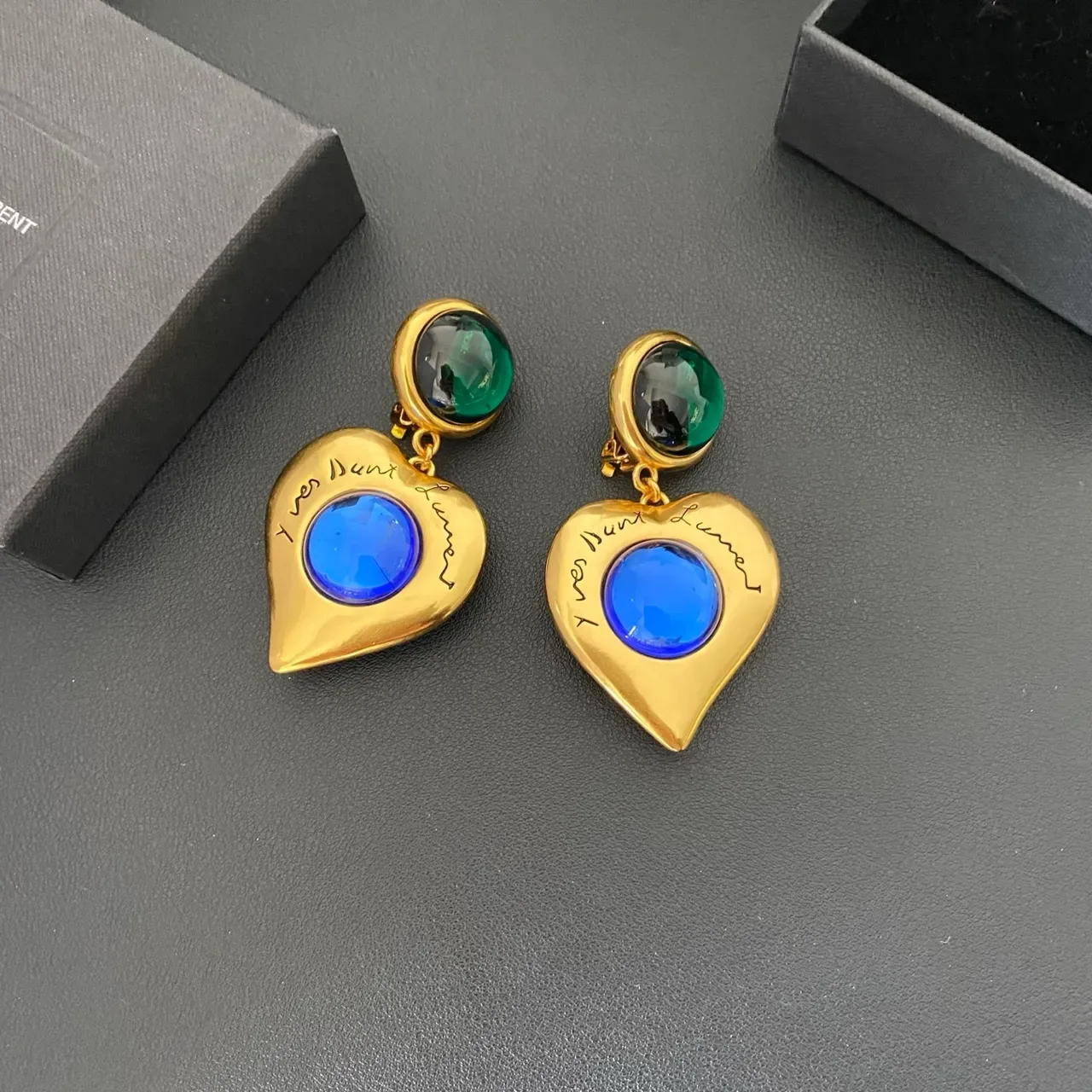 Saint Laurent Cœur Aretes Forma Corazón Oro Azul Metal 6