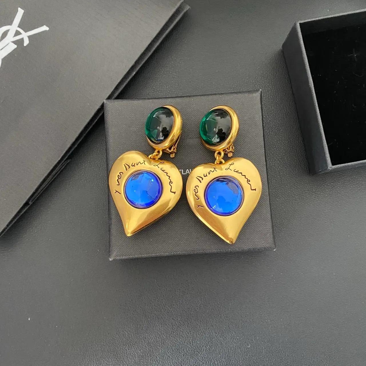 Saint Laurent Cœur Aretes Forma Corazón Oro Azul Metal 7