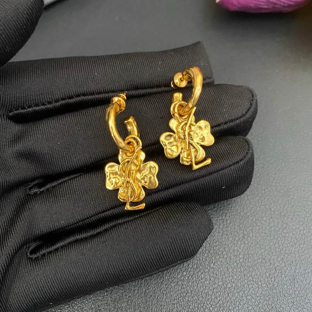 Saint Laurent Clover YSL Monogram Gold-Tone Hoop Earrings 6