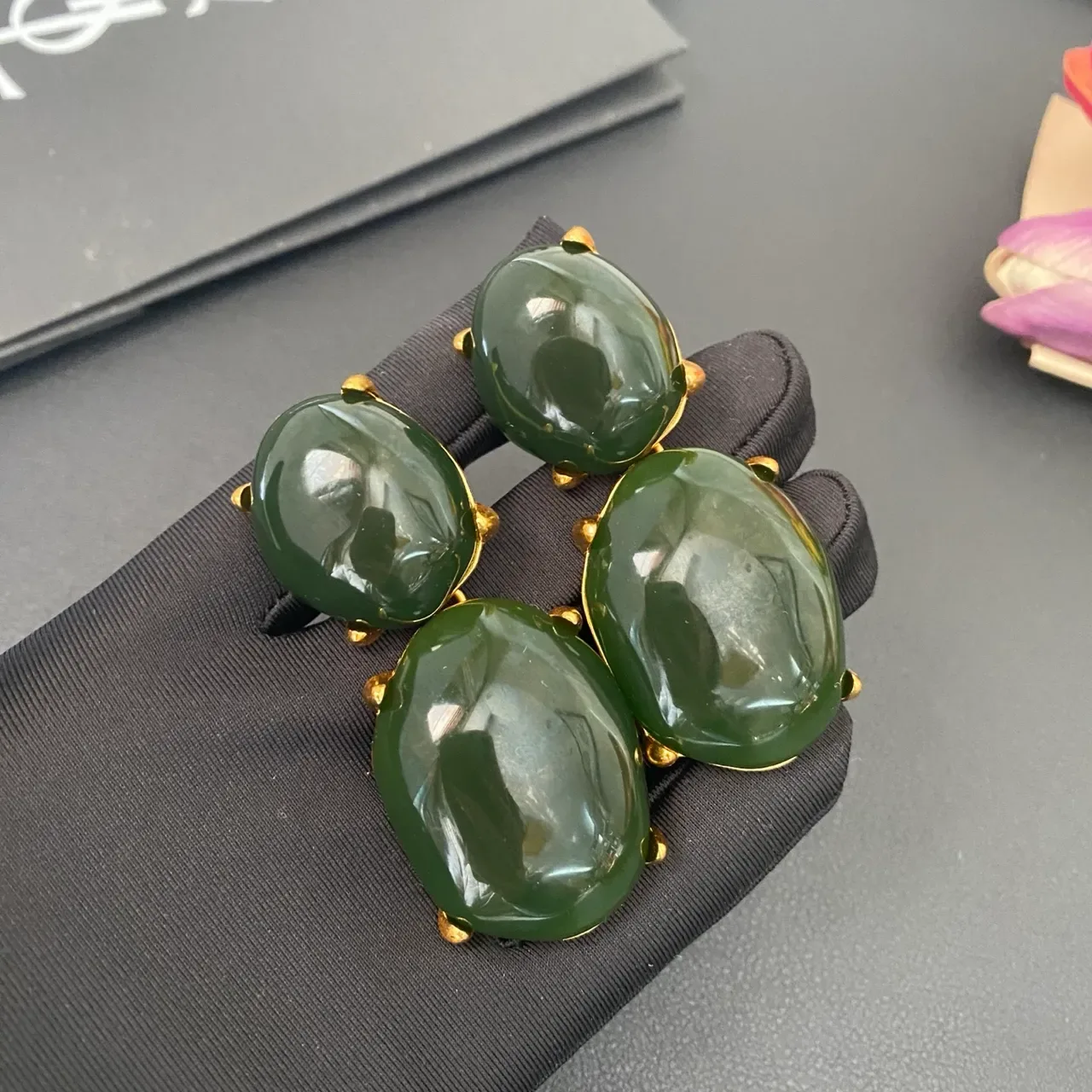 Saint Laurent Boucles d'Oreilles Vert Marron Cabochon Double Pierre 8
