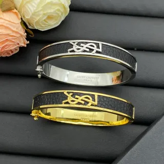 सेंट लॉरेंट Monogram Bangle काला सोना Plaque टेक्स्चर्ड बैंड ब्रेसलेट