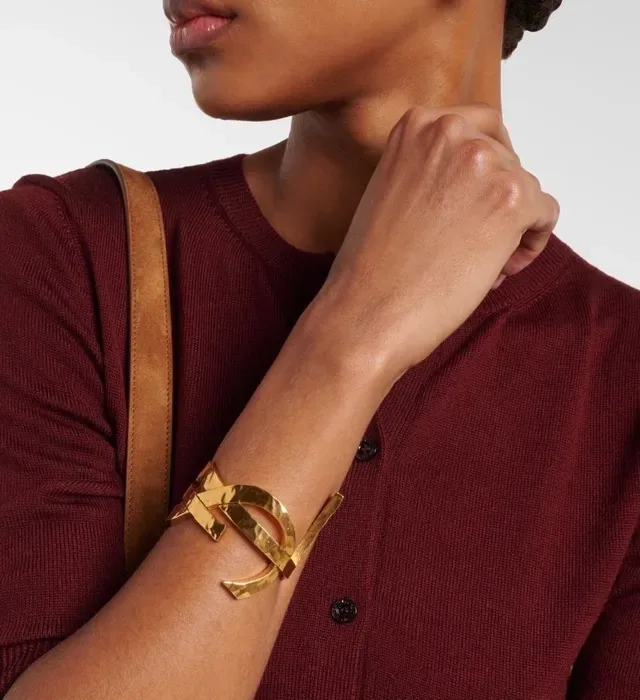Saint Laurent Monogram Hammered Gold Open Cuff Bracelet 2