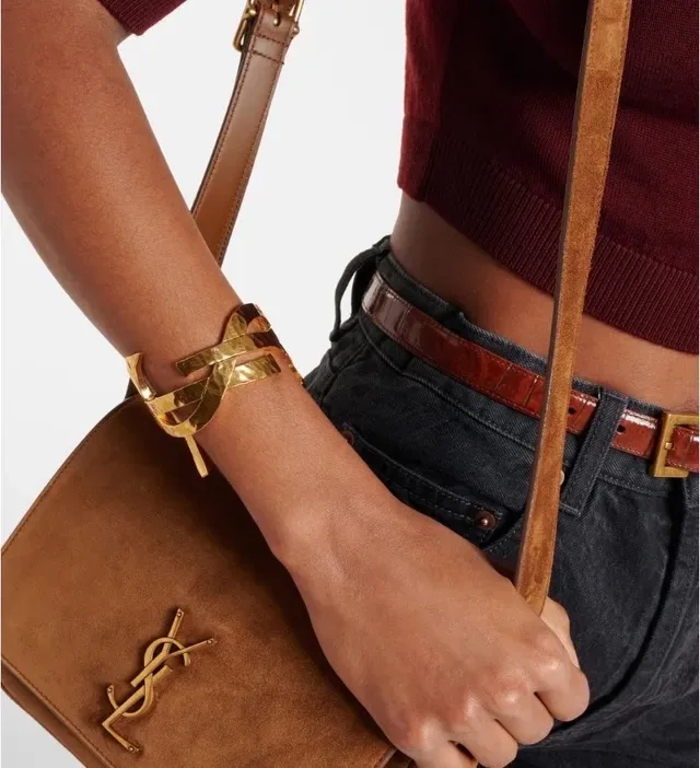 Saint Laurent Monogram Hammered Gold Open Cuff Bracelet 3