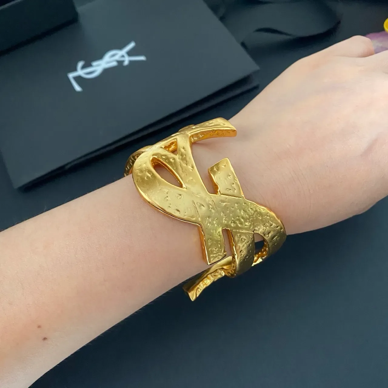 Saint Laurent Monogram Hammered Gold Open Cuff Bracelet 4