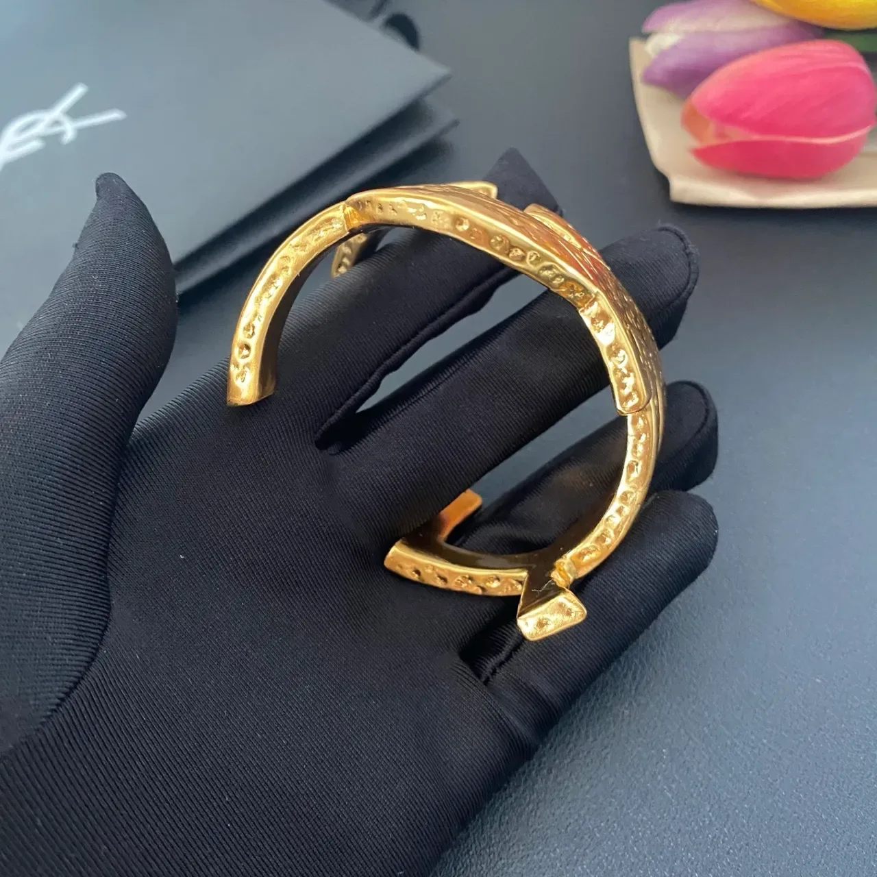 Saint Laurent Monogram Hammered Gold Open Cuff Bracelet 6