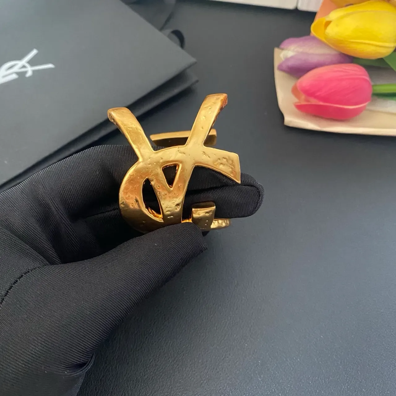 Saint Laurent Monogram Hammered Gold Open Cuff Bracelet 7
