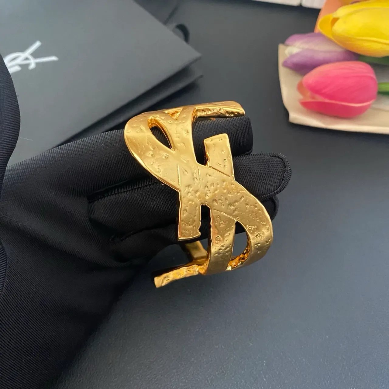Saint Laurent Monogram Hammered Gold Open Cuff Bracelet 8