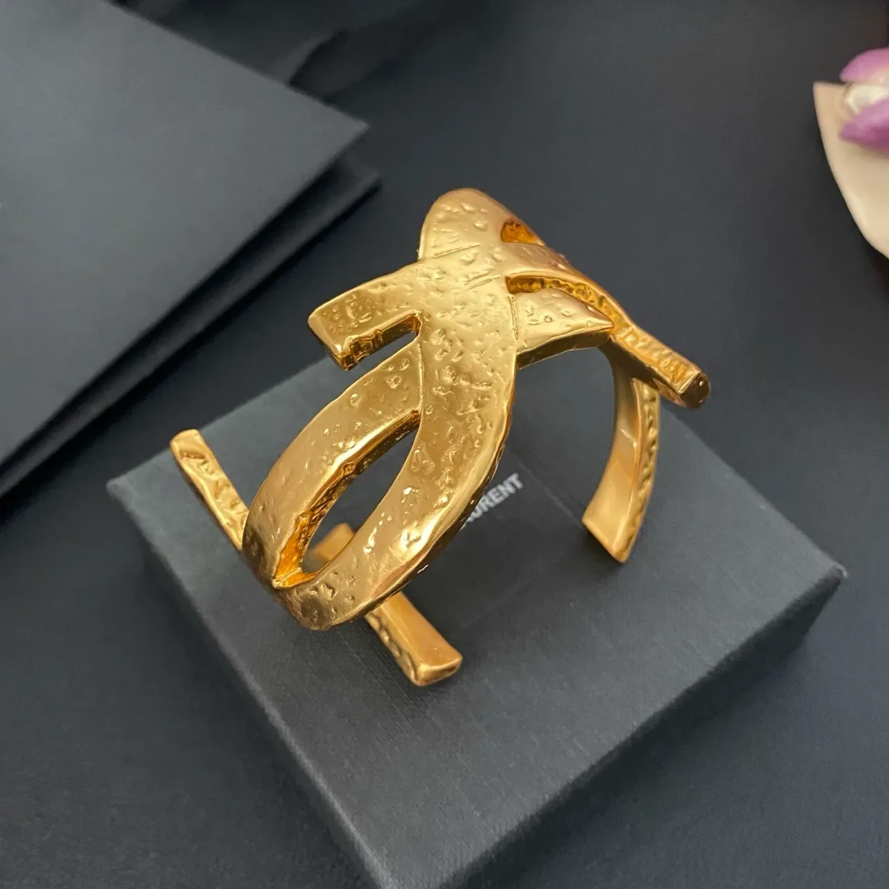 Saint Laurent Monogram Hammered Gold Open Cuff Bracelet 9
