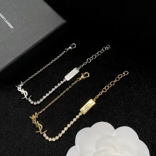Saint Laurent Silver Gold Interlocking YSL Monogram Pave Crystal Line ब्रेसलेट