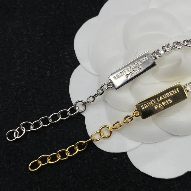 Saint Laurent Argent et Or Interlocking YSL Monogram Pave Crystal Line bracelet 2