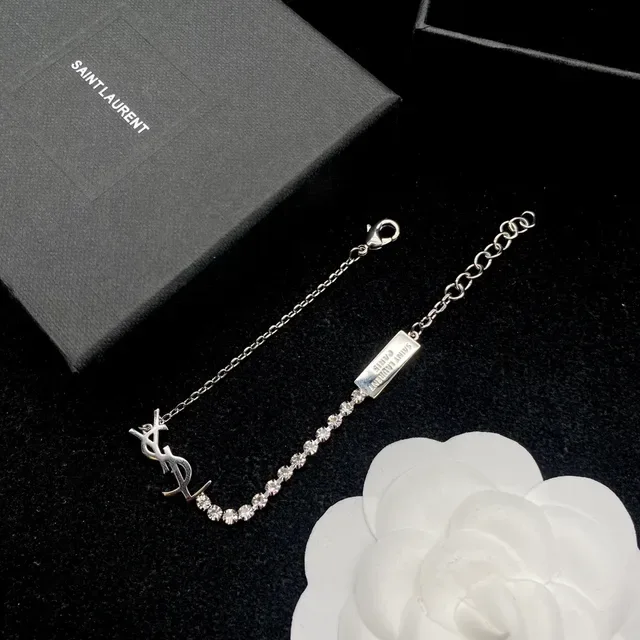 Saint Laurent Argent et Or Interlocking YSL Monogram Pave Crystal Line bracelet 3