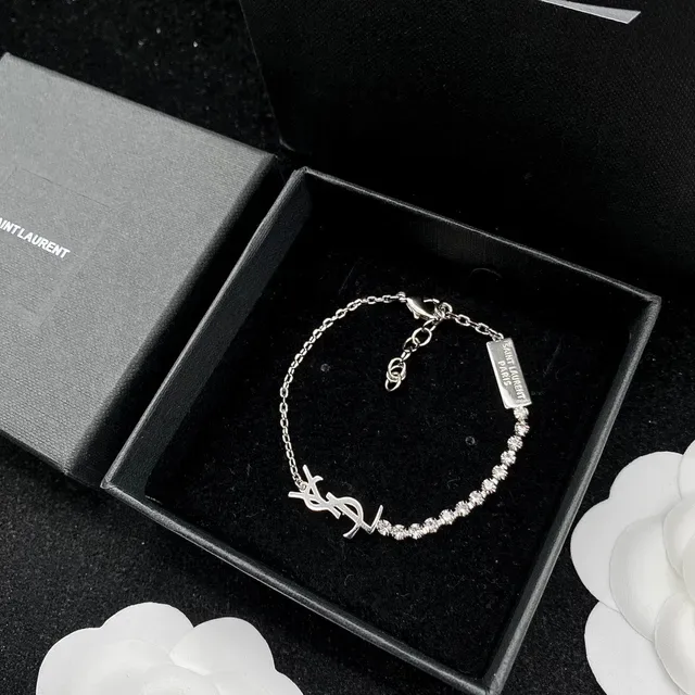 Saint Laurent Argent et Or Interlocking YSL Monogram Pave Crystal Line bracelet 4