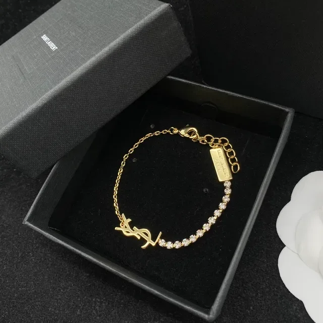 Saint Laurent Argent et Or Interlocking YSL Monogram Pave Crystal Line bracelet 5