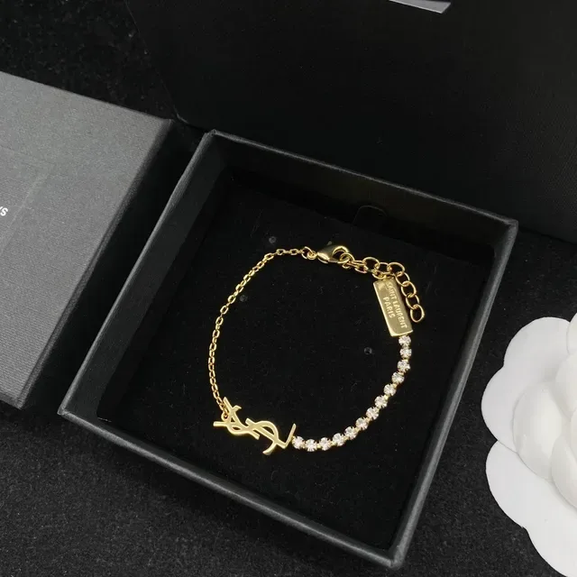 Saint Laurent Argent et Or Interlocking YSL Monogram Pave Crystal Line bracelet 6