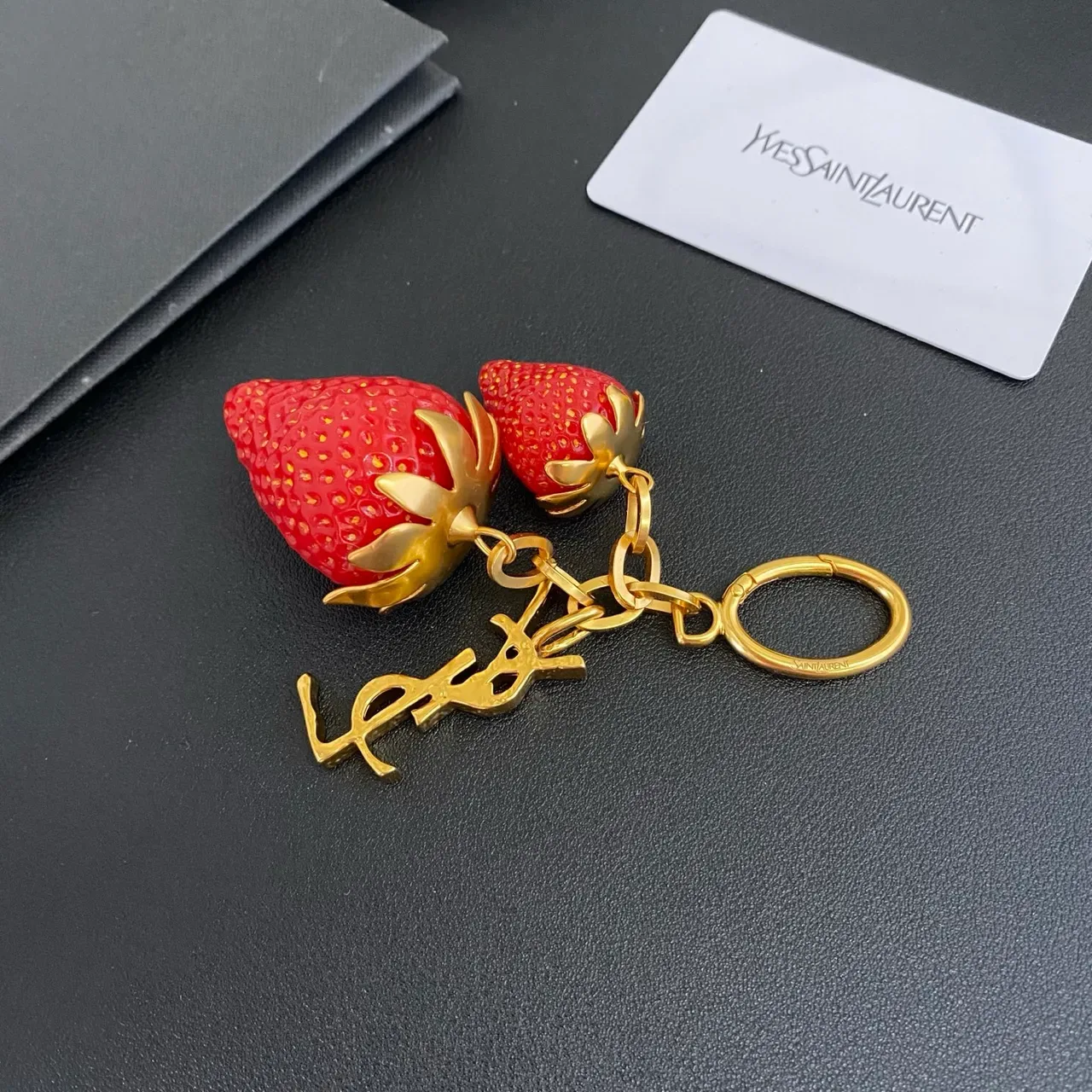 Saint Laurent Strawberry Keychain Red Gold Resin Charms Metal YSL Monogram Bracelet 3
