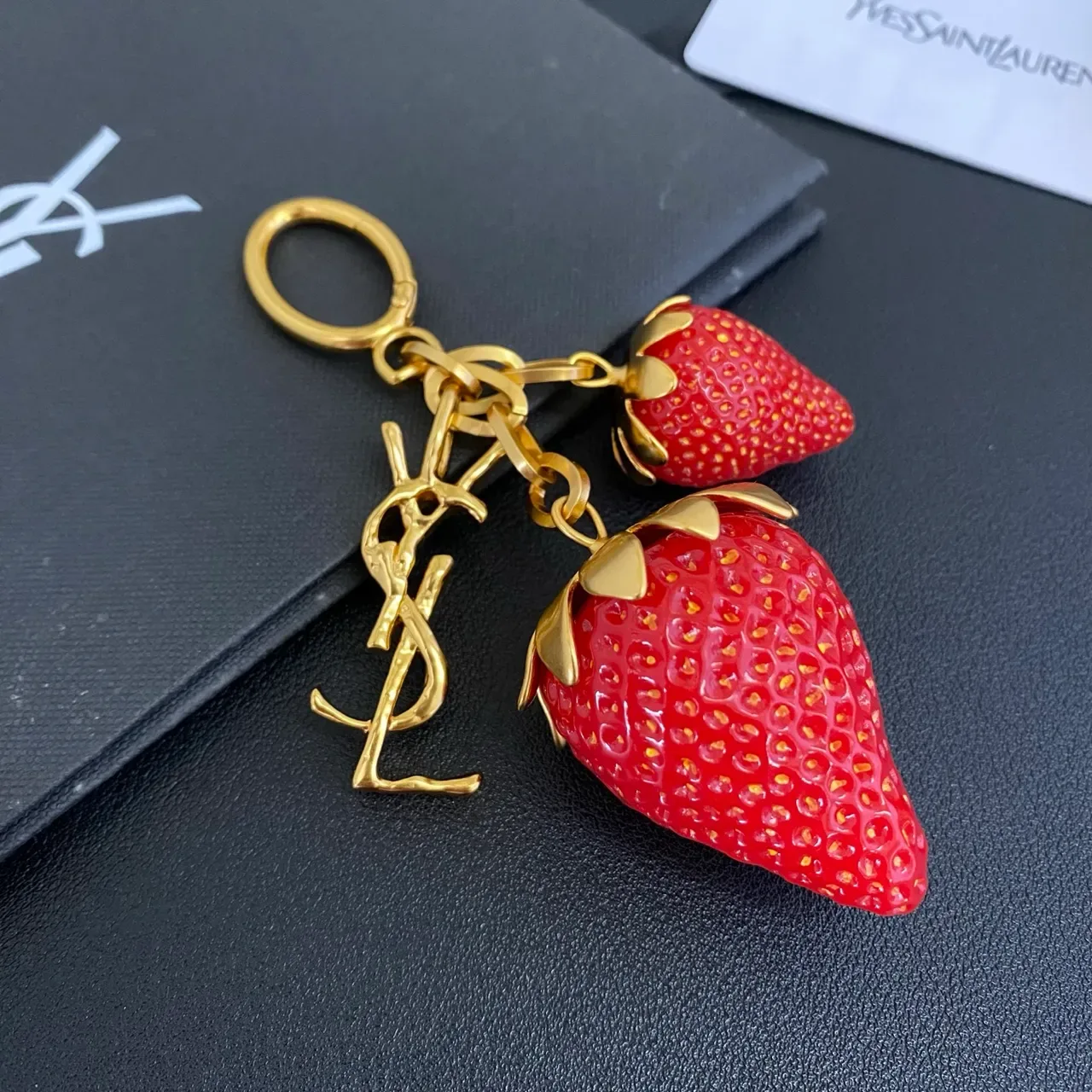 Saint Laurent Strawberry Keychain Red Gold Resin Charms Metal YSL Monogram Bracelet 4