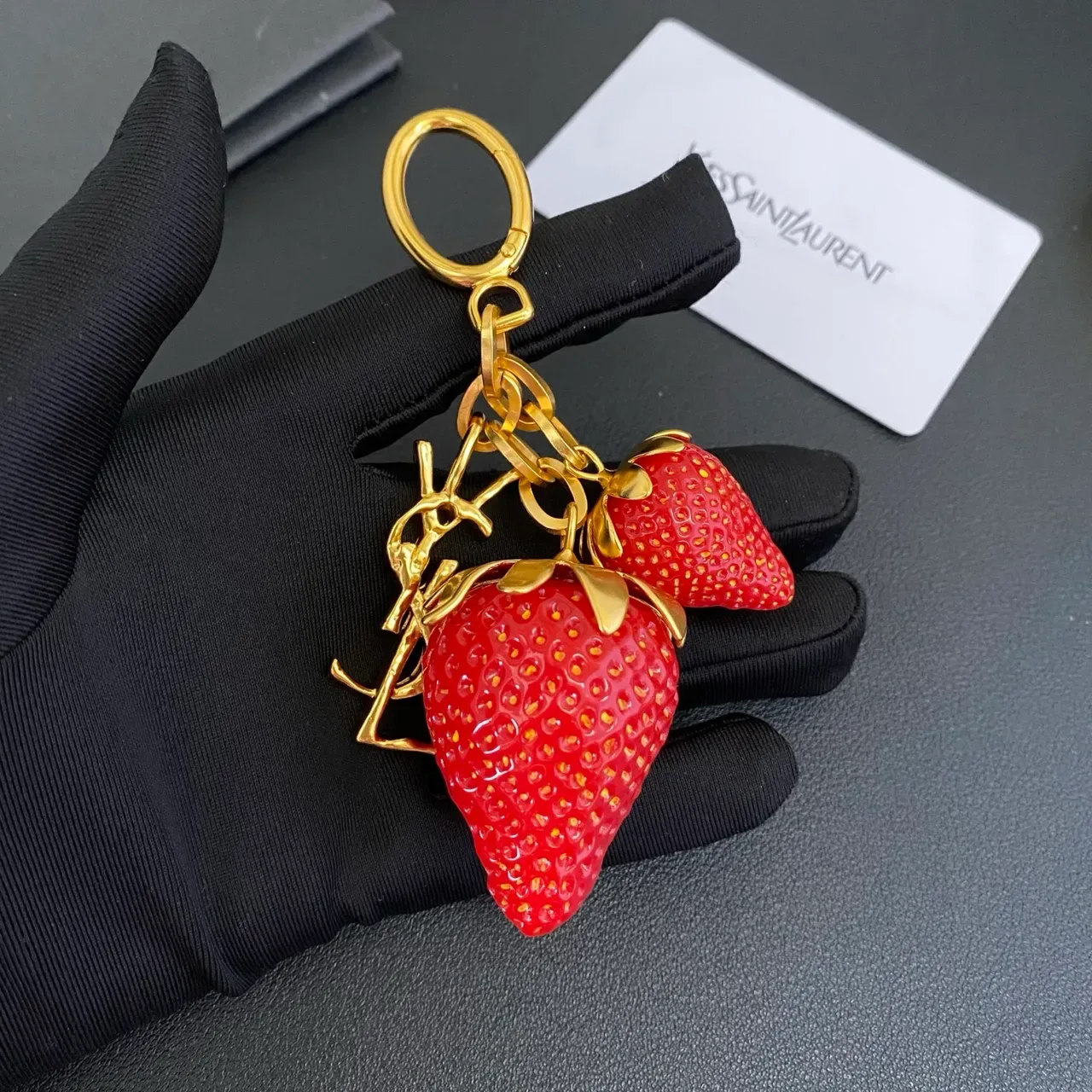 Saint Laurent Strawberry Keychain Red Gold Resin Charms Metal YSL Monogram Bracelet 5