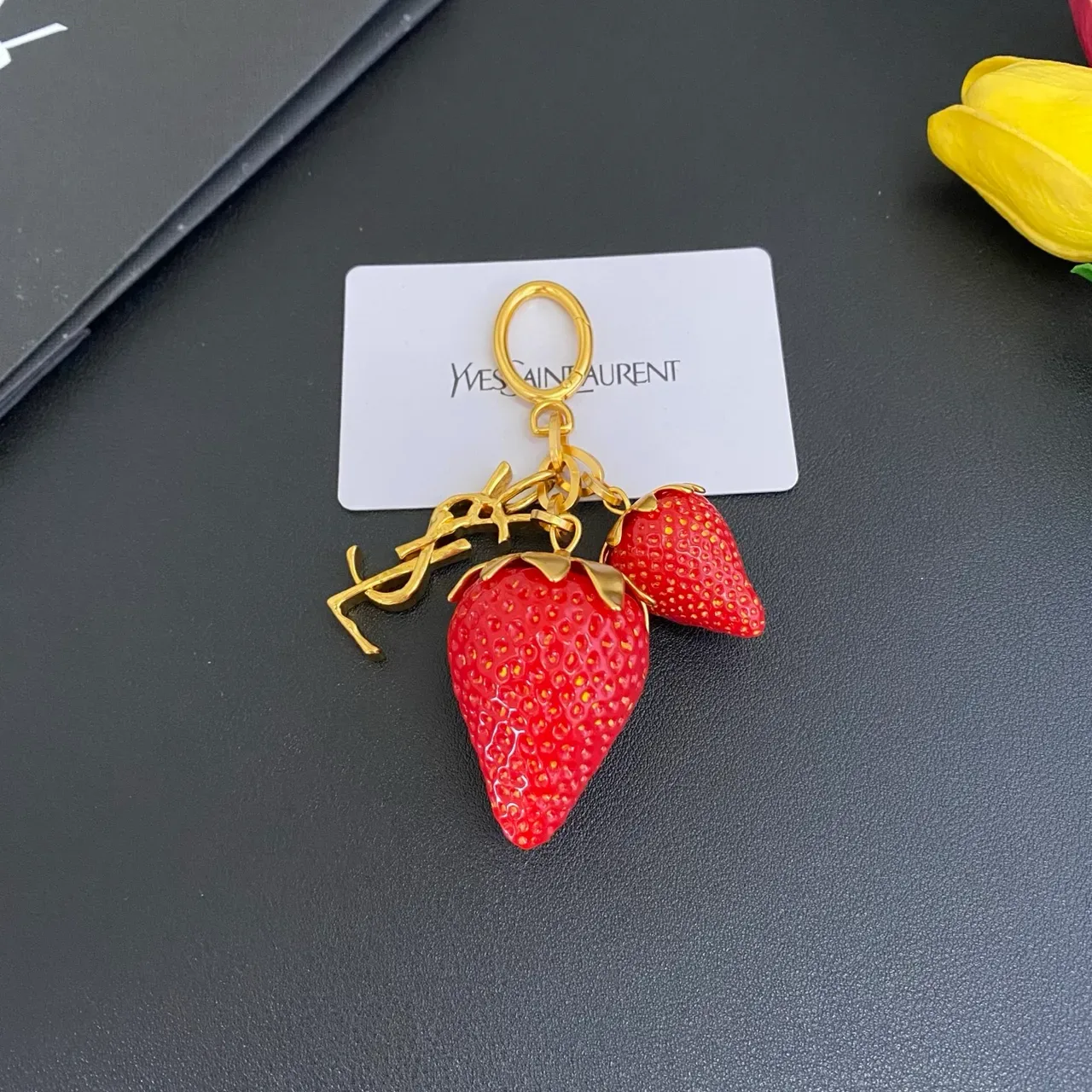 Saint Laurent Strawberry Keychain Red Gold Resin Charms Metal YSL Monogram Bracelet 6