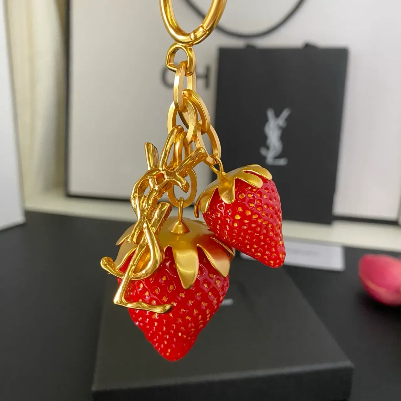 Saint Laurent Strawberry Keychain Red Gold Resin Charms Metal YSL Monogram Bracelet 7