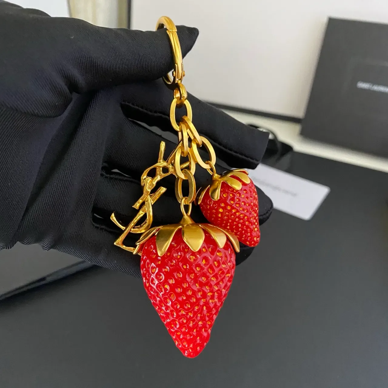 Saint Laurent Strawberry Keychain Red Gold Resin Charms Metal YSL Monogram Bracelet 8