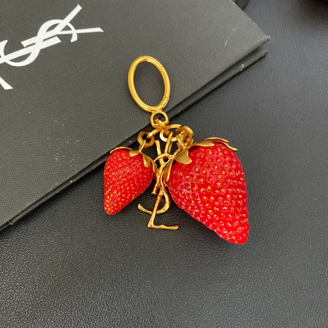 Saint Laurent Strawberry Keychain Red Gold Resin Charms Metal YSL Monogram Bracelet 9