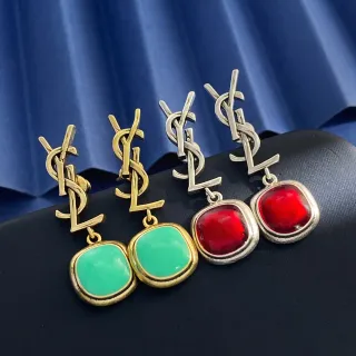 Saint Laurent YSL Logo सोने का हरा रंग का मुनोग्राम ड्रॉप डैंगल कान की झुमकारियाँ