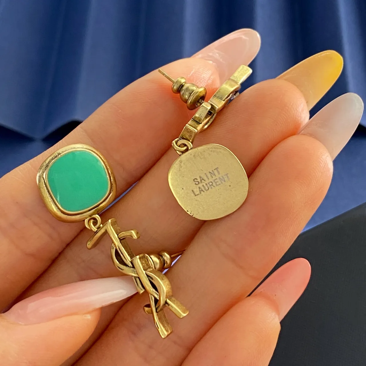 Saint Laurent YSL Logo Gold Green Monogram Drop Dangle Earrings 4