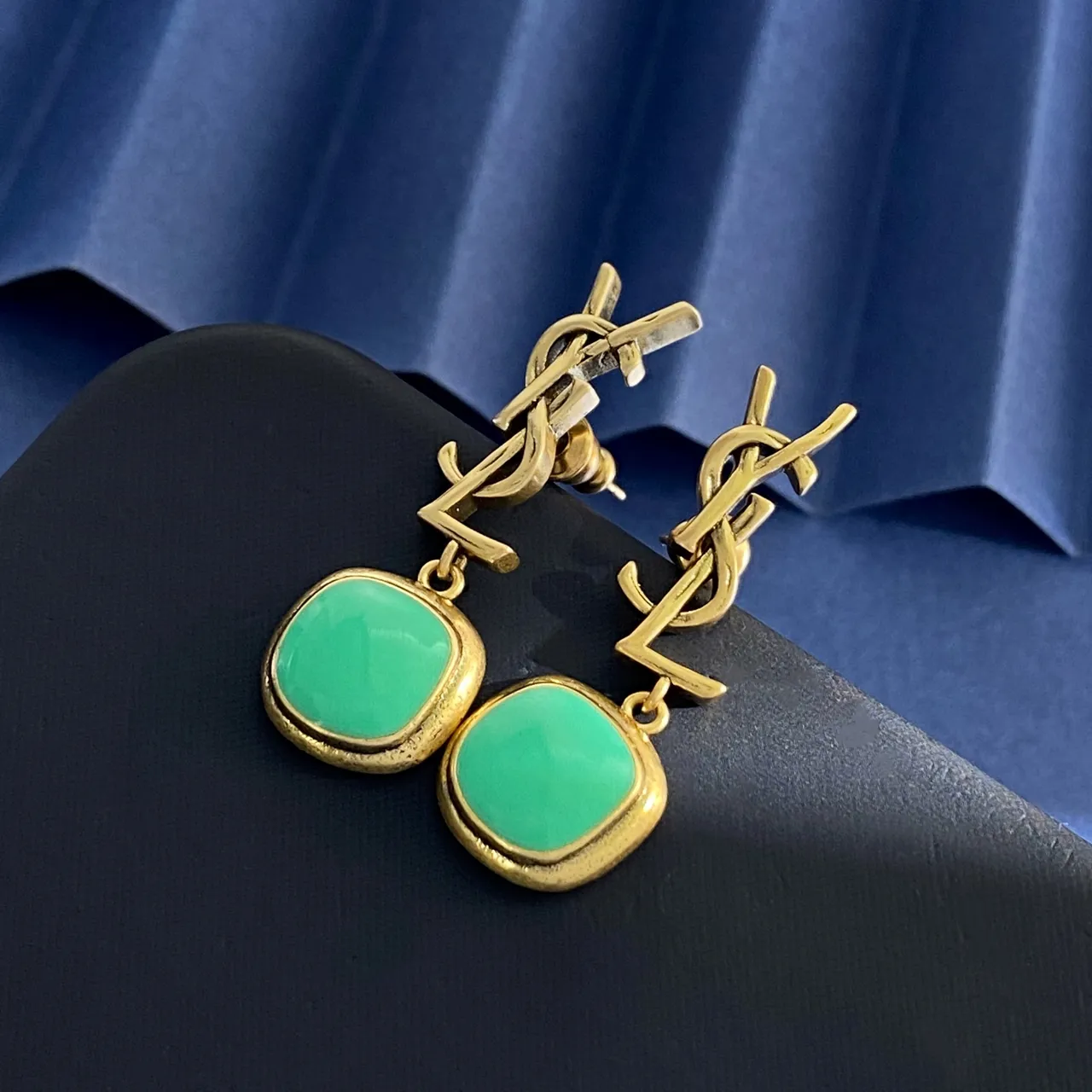 Saint Laurent YSL Logo Gold Green Monogram Drop Dangle Earrings 8