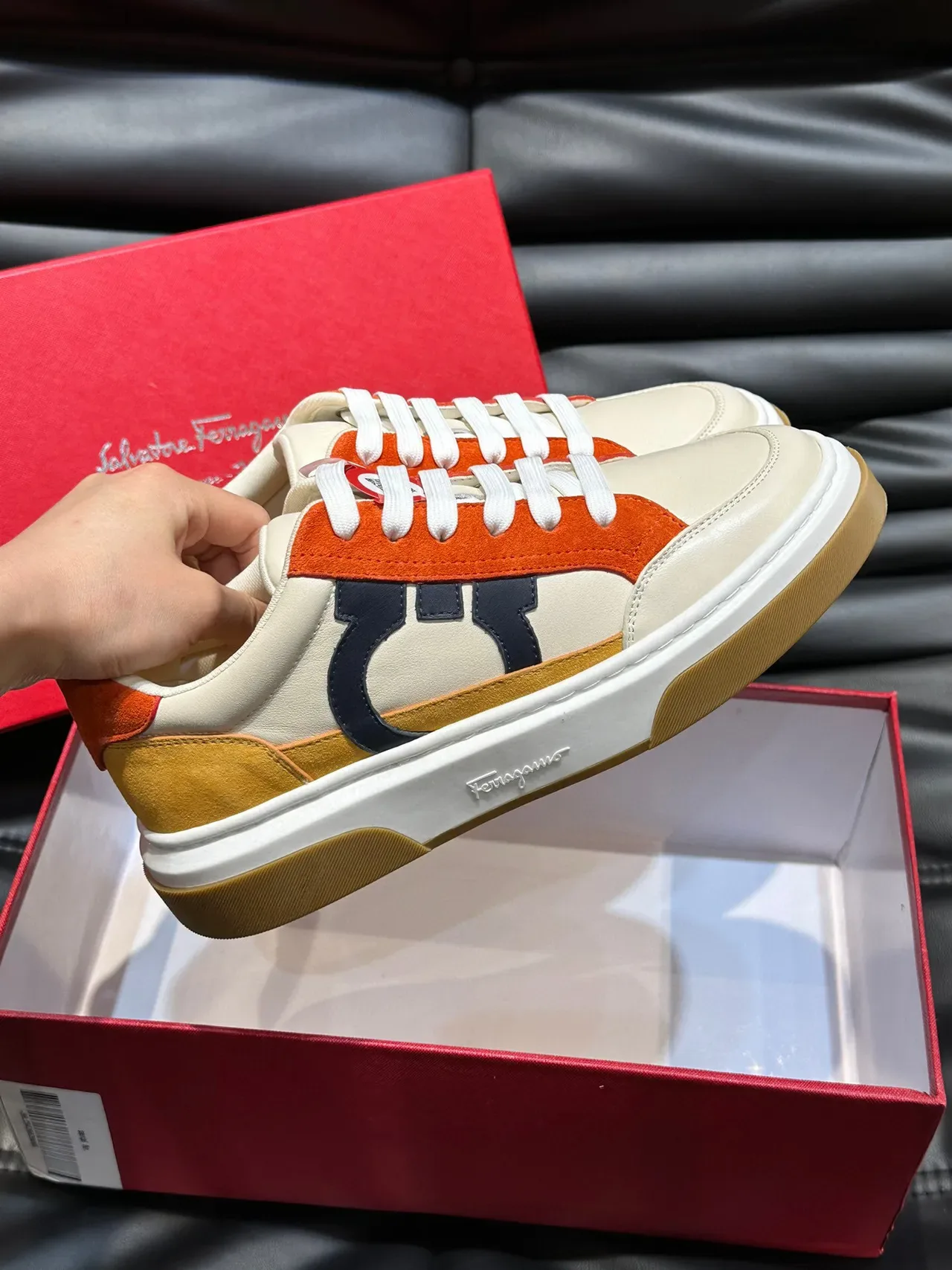 Salvatore Ferragamo Low-Top Leather-Suede Panel Sneakers 5