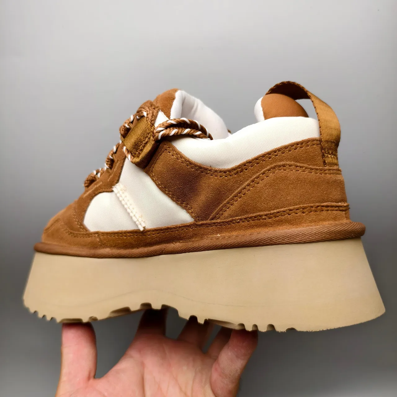 UGG Brown Beige Platform Sole Suede And Mesh Paneling Chunky Sneakers 4