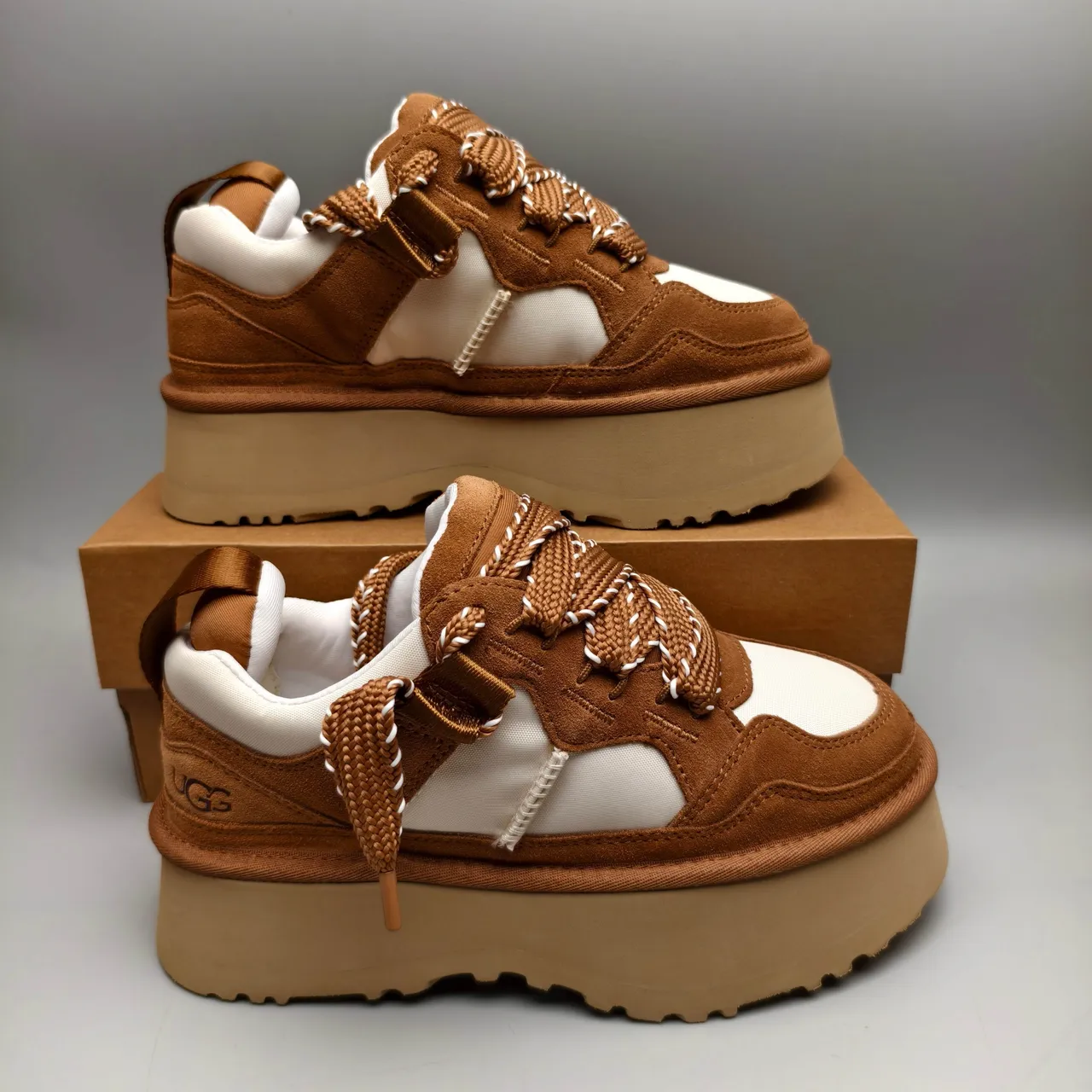UGG Brown Beige Platform Sole Suede And Mesh Paneling Chunky Sneakers 5