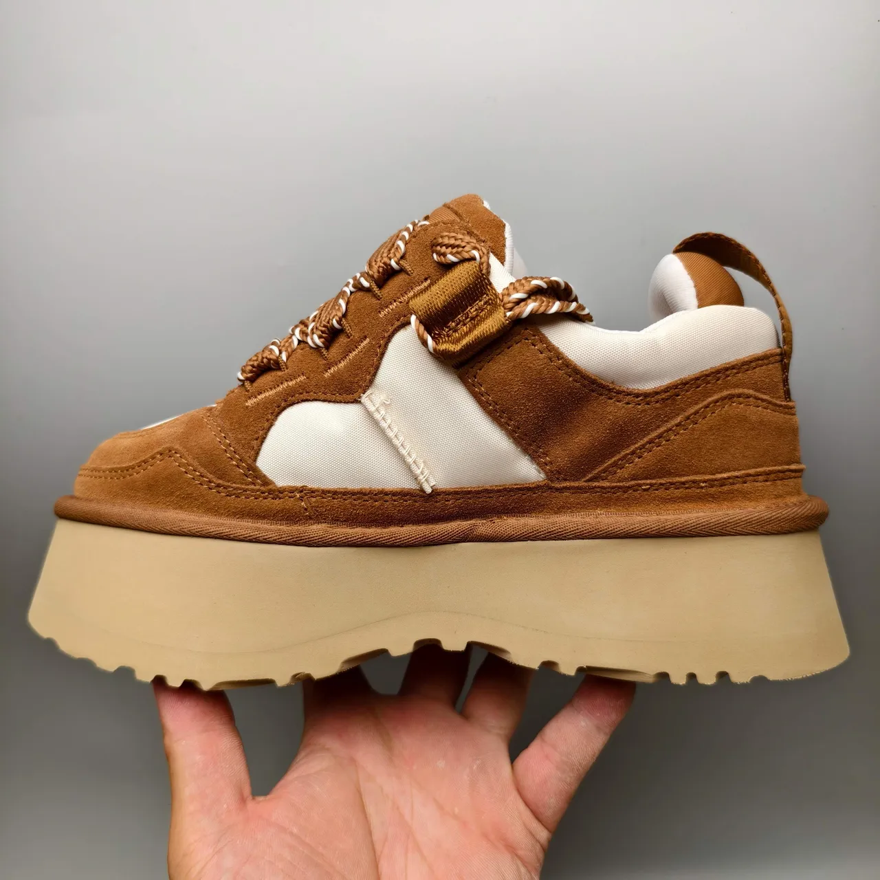 UGG Brown Beige Platform Sole Suede And Mesh Paneling Chunky Sneakers 7