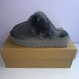 UGG Gray Platform Sole Plush Fur Strap Slippers