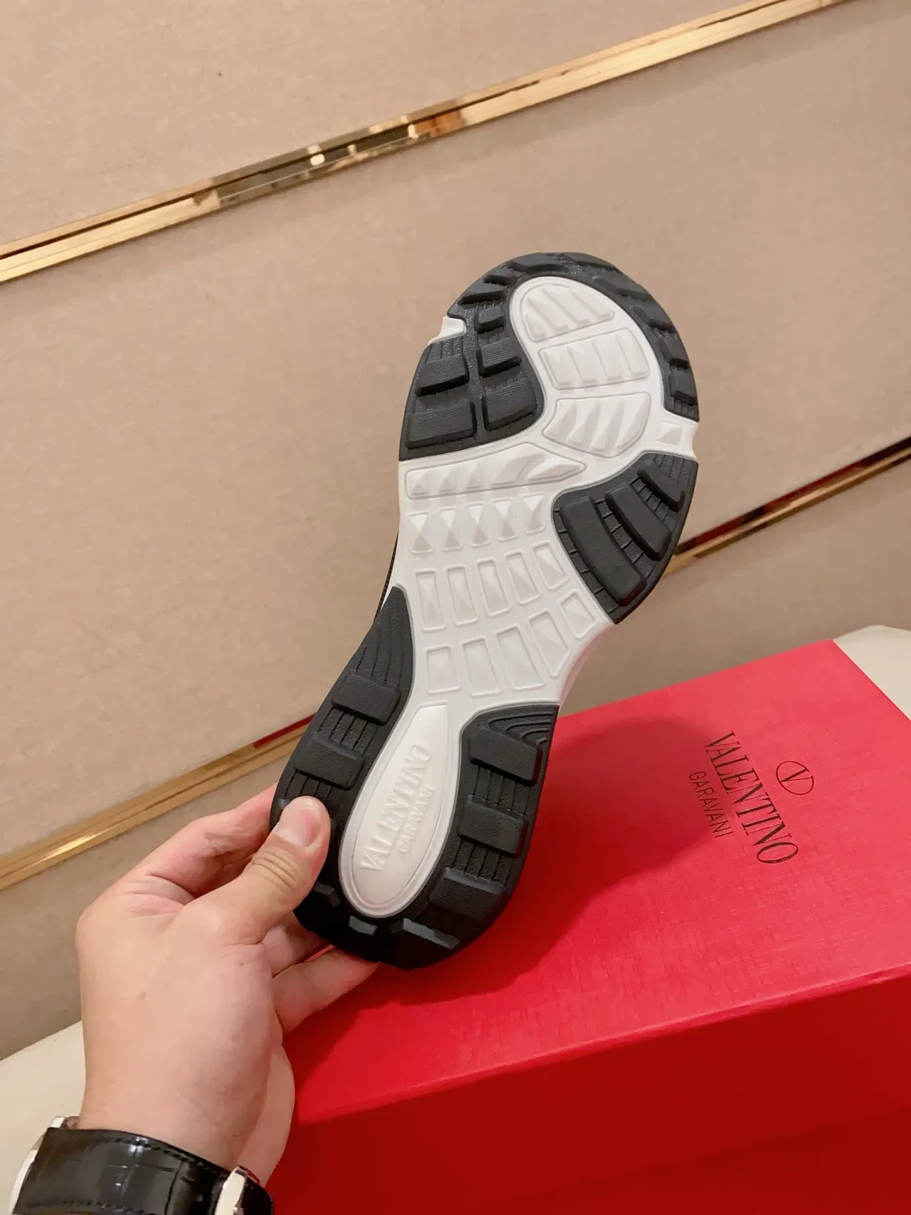 Valentino Beige Black Sole Mesh And Leather Paneling Chunky Sneakers 2