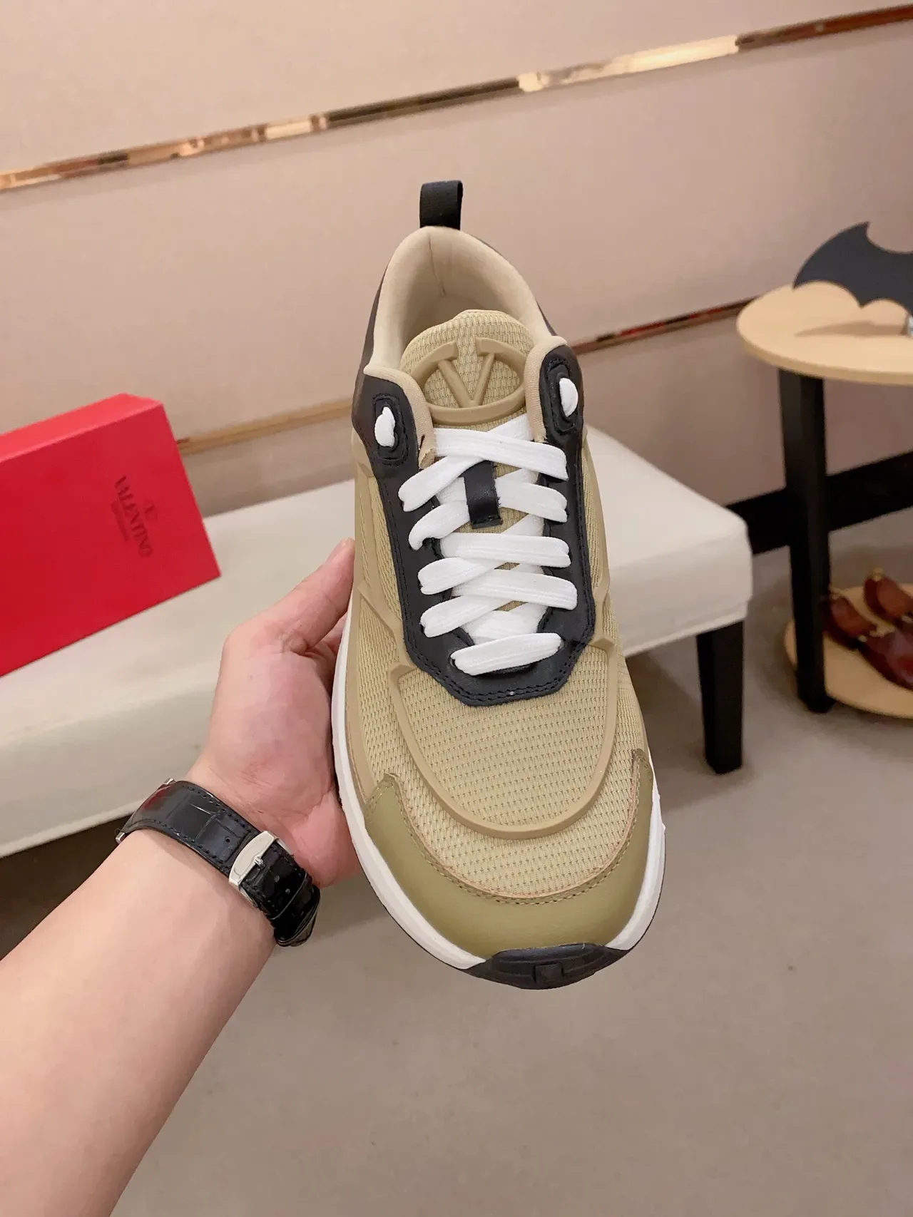 Valentino Beige Black Sole Mesh And Leather Paneling Chunky Sneakers 5