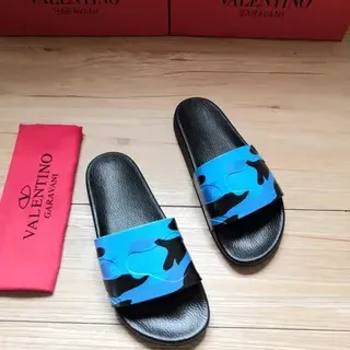 Valentino 黑色蓝色仿皮底迷彩带拖鞋