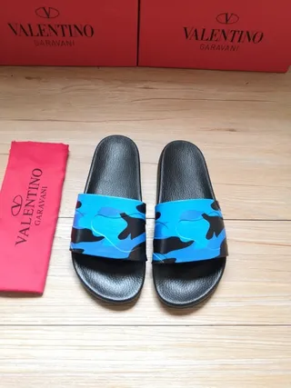 Valentino Negro Azul Suela De Cuero Sintético Correa Camuflaje Zapatillas 4