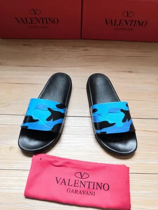 Valentino Negro Azul Suela De Cuero Sintético Correa Camuflaje Zapatillas 5